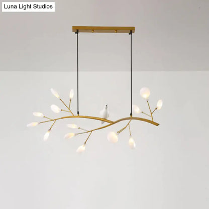 Gold-toned acrylic LED pendant light with white ceramic blossoms and bird decoration for 220v-240v use