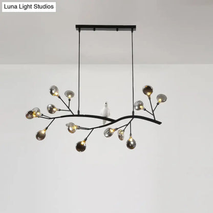 Black metal branch style chandelier with frosted glass globes and bird decoration suitable for 220v-240v lighting