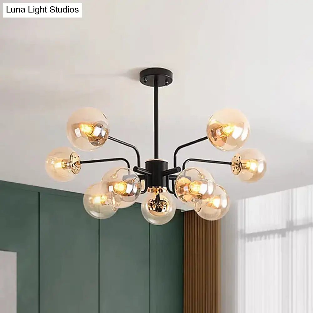 DecorBites™ black metal chandelier with amber glass shade and 10 spherical bulbs ideal for living room sphere lighting