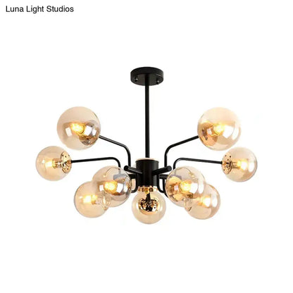 DecorBites contemporary black metal chandelier with 10 amber glass globe shades for living room sphere lighting