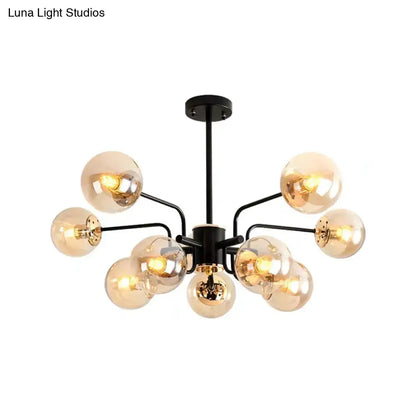 DecorBites contemporary black metal chandelier with amber glass shade globes for living room sphere lighting