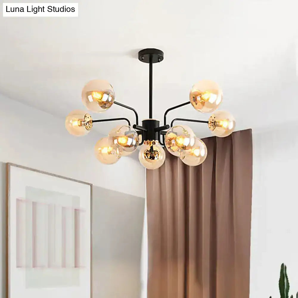 DecorBites™ black metal chandelier with 10 amber glass globe shades sphere living room pendant light