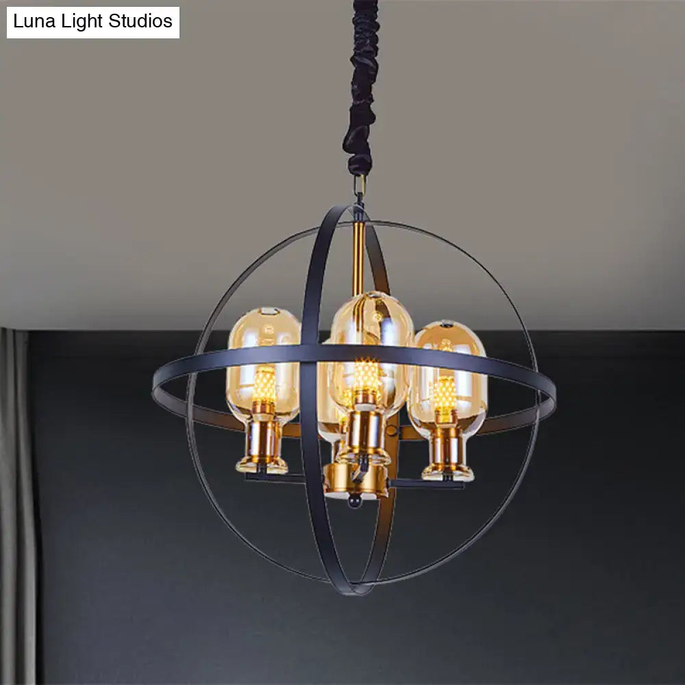 Decorbites™ contemporary pendant chandelier with amber glass bulbs and black metal orb frame for 220v-240v 110v-120v use