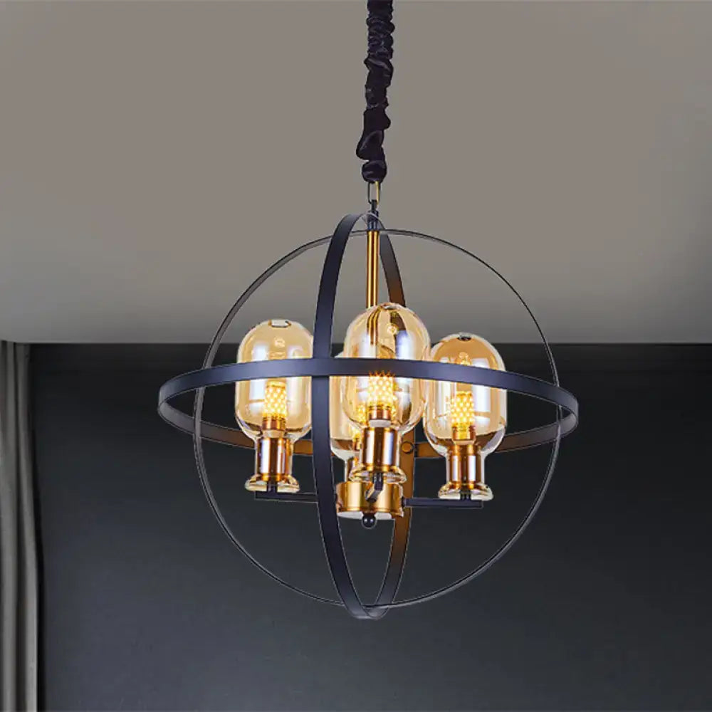 Decorbites contemporary amber glass pendant chandelier with orb frame design and brass accents for 220v-240v 110v-120v use