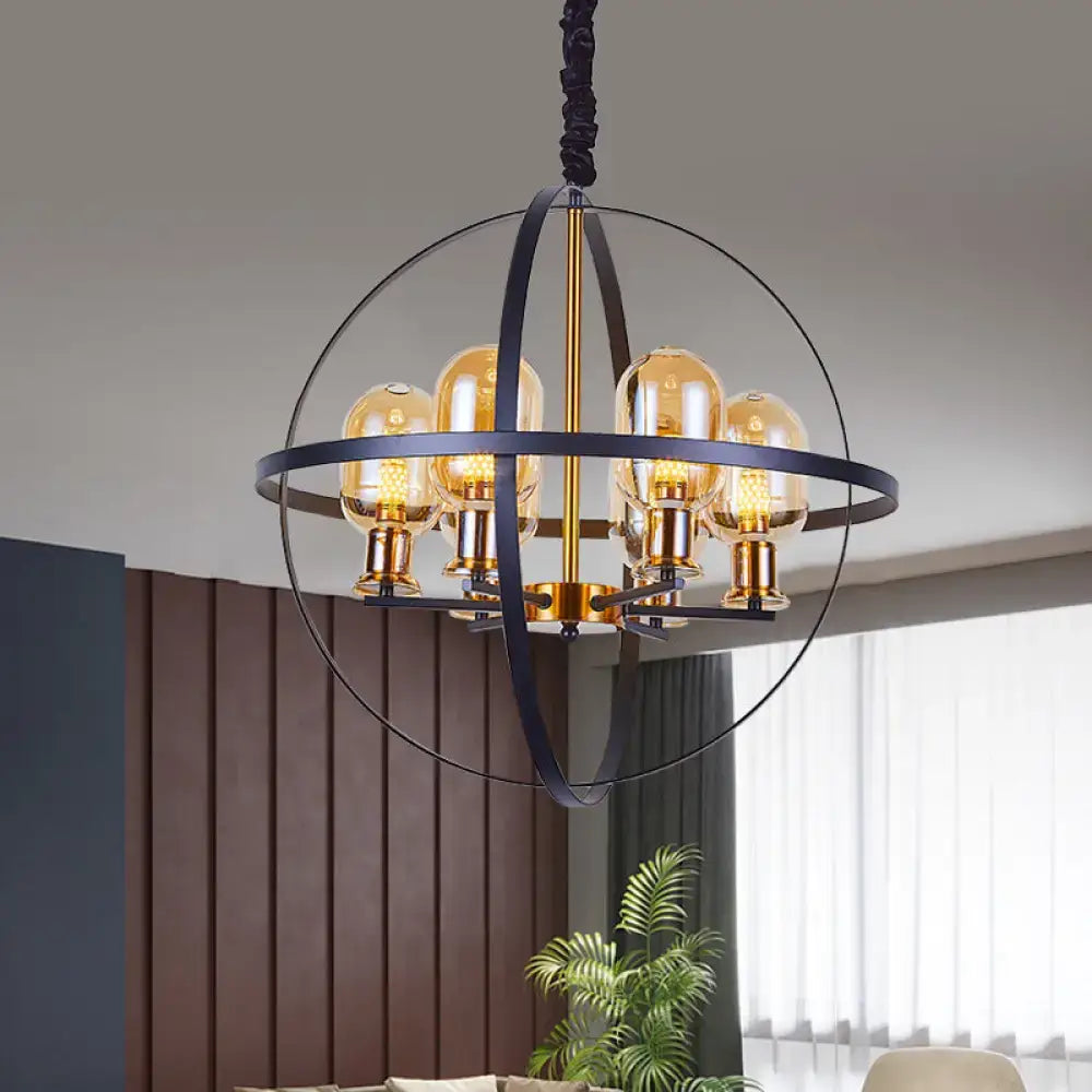 Decorbites™ contemporary pendant chandelier with black metal orb frame and amber glass bulbs 220v-240v 110v-120v