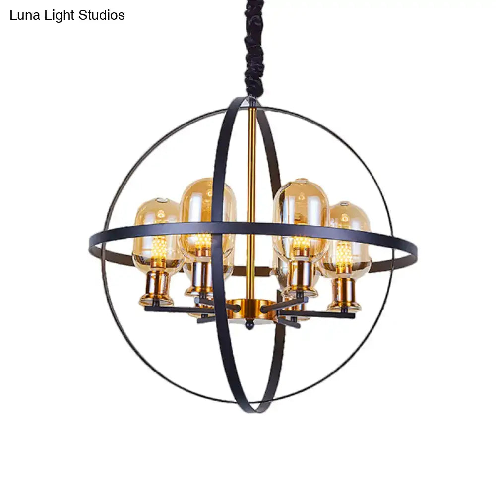Decorbites contemporary pendant chandelier with black and brass orb frame and amber glass bulbs for 220v-240v 110v-120v use