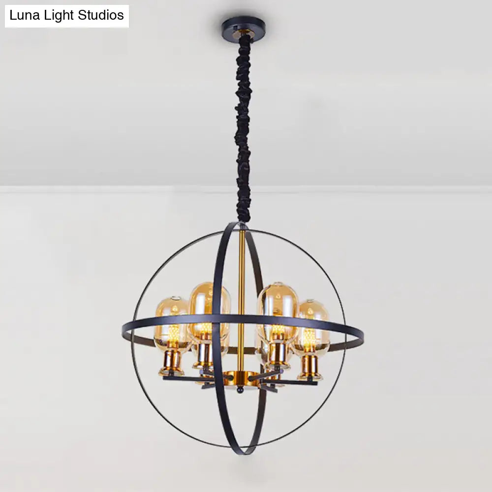 Decorbites™ contemporary amber glass pendant chandelier with orb frame black metal and brass accents 220v-240v 110v-120v