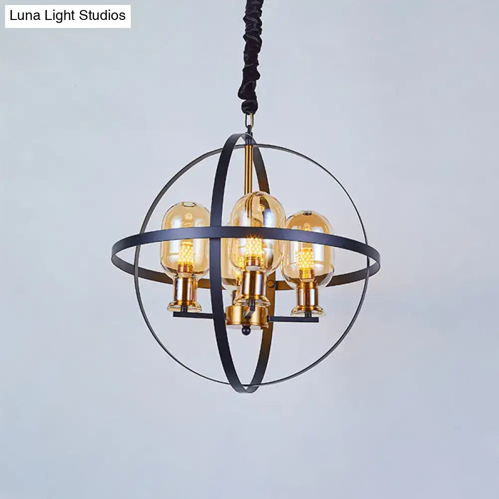 Industrial-style decorbites™ amber glass pendant chandelier with black metal orb frame and three bulbs 220v-240v 110v-120v