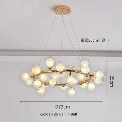 Decorbites™ contemporary black and gold chandelier with 25 white glass ball spheres and a brass frame