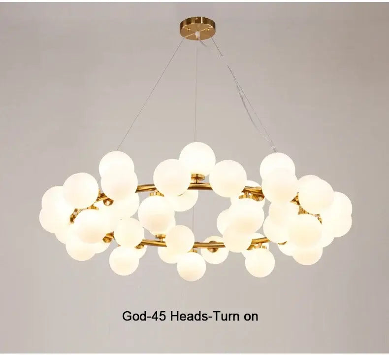 Decorbites™ contemporary black and gold chandelier featuring multiple frosted white glass ball bulbs in a cluster design