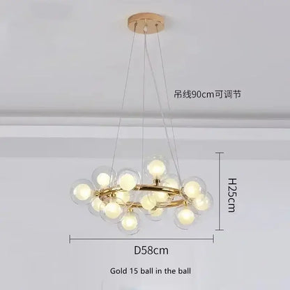 DecorBites™ contemporary black and gold chandelier with 15 clear white glass ball bulbs in a circular cluster