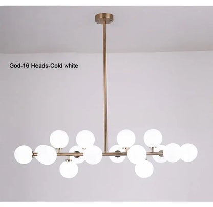 DecorBites™ contemporary black and gold chandelier with modern brass finish and multiple white glass ball globes