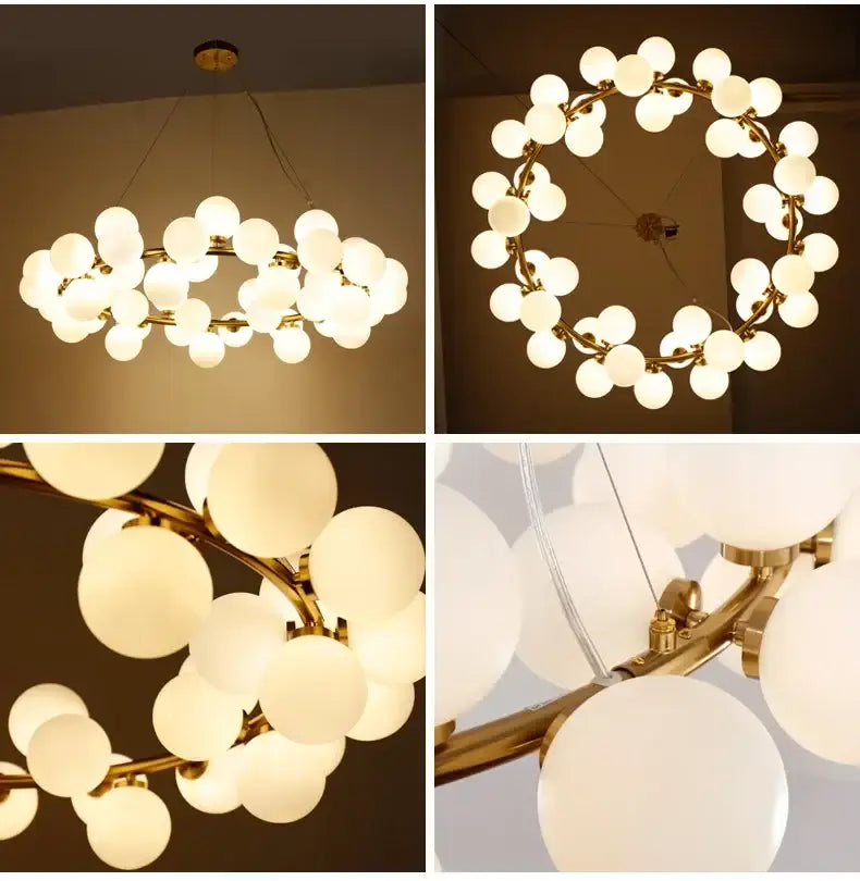 Decorbites™ contemporary black and gold chandelier featuring multiple white glass ball bulbs in a circular design