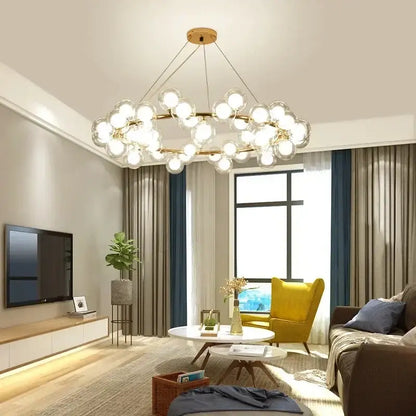 Decorbites™ contemporary black and gold chandelier with multiple white glass ball bulbs in a circular cluster