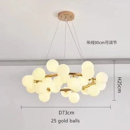 DecorBites™ contemporary black and gold chandelier with 25 frosted white glass balls in circular design