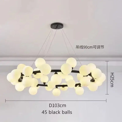 DecorBites™ contemporary black and gold chandelier featuring 45 white glass ball bulbs in a clustered design