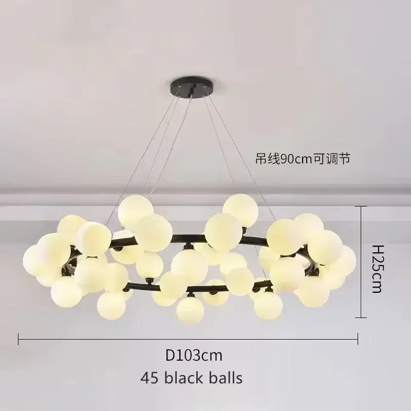 DecorBites™ contemporary black and gold chandelier featuring 45 white glass ball bulbs in a clustered design