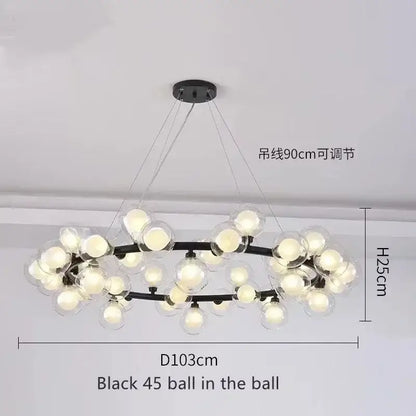 DecorBites™ contemporary black and gold chandelier with 45 white glass ball bulbs in double oval design
