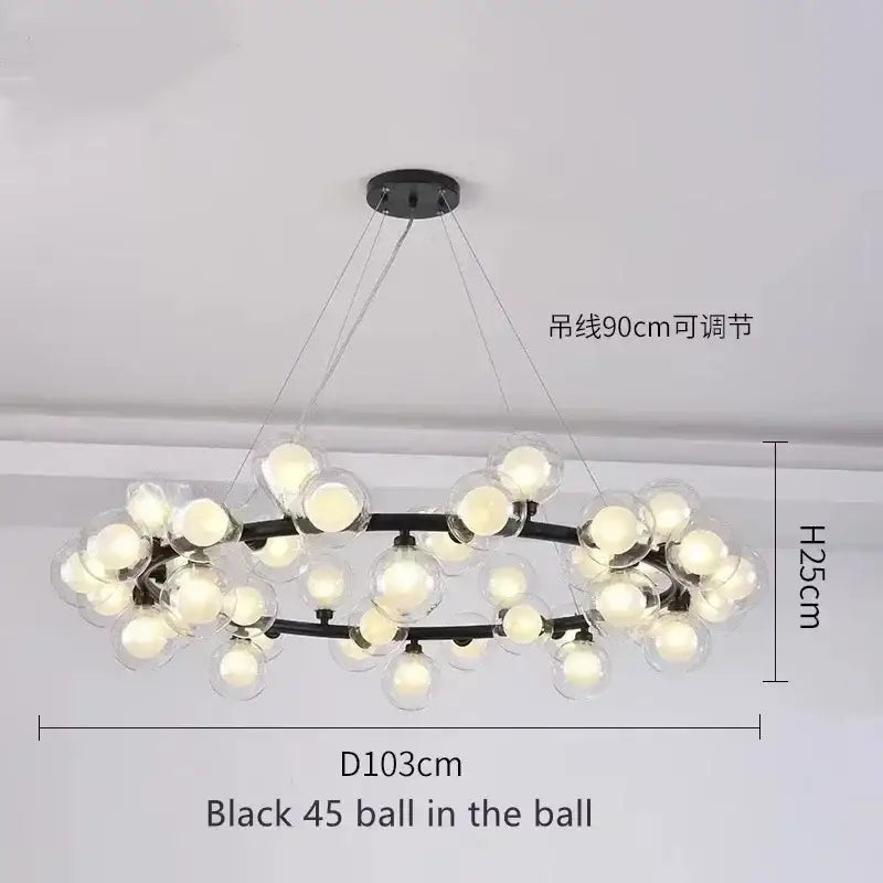 DecorBites™ contemporary black and gold chandelier with 45 white glass ball bulbs in double oval design