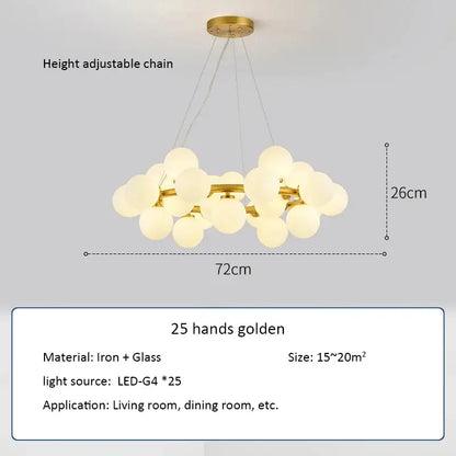 DecorBites™ contemporary black and gold chandelier with 25 white glass ball orbs on an iron frame