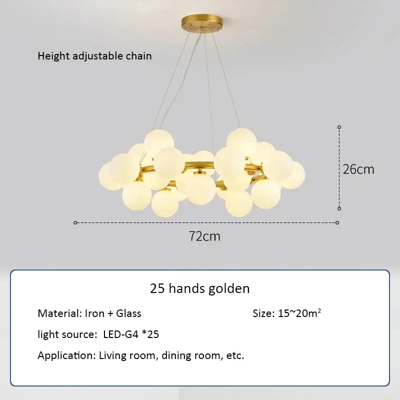 DecorBites™ contemporary black and gold chandelier with 25 white glass ball orbs on an iron frame