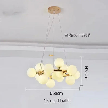 DecorBites™ contemporary black and gold chandelier with 15 frosted white glass balls in a spherical cluster