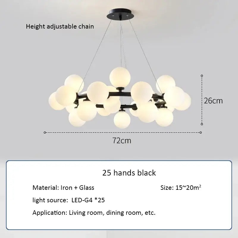 Decorbites™ contemporary black and gold chandelier with 25 frosted white glass balls and black iron frame