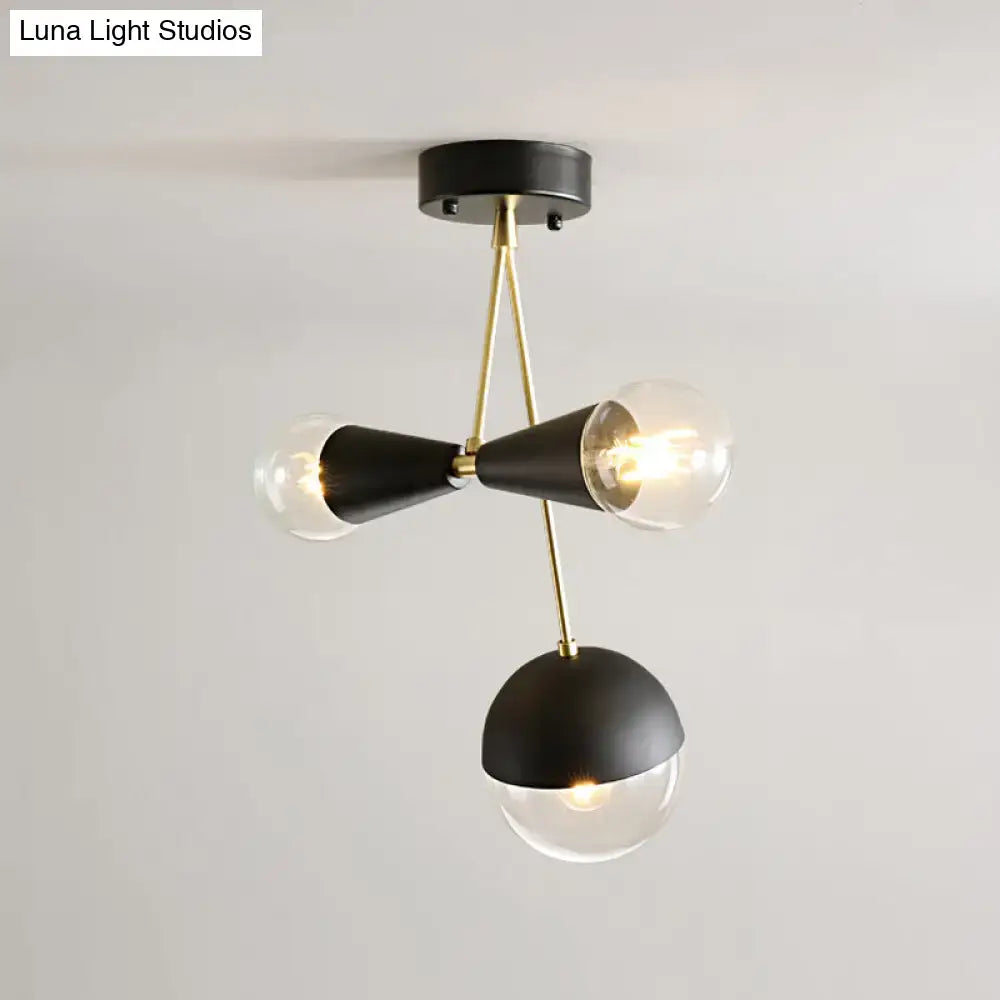 DecorBites contemporary black hourglass semi flush ceiling light with brass arms and three clear glass bulbs
