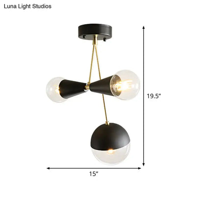 DecorBites™ contemporary black and brass hourglass semi flush ceiling light with three clear glass spherical bulbs