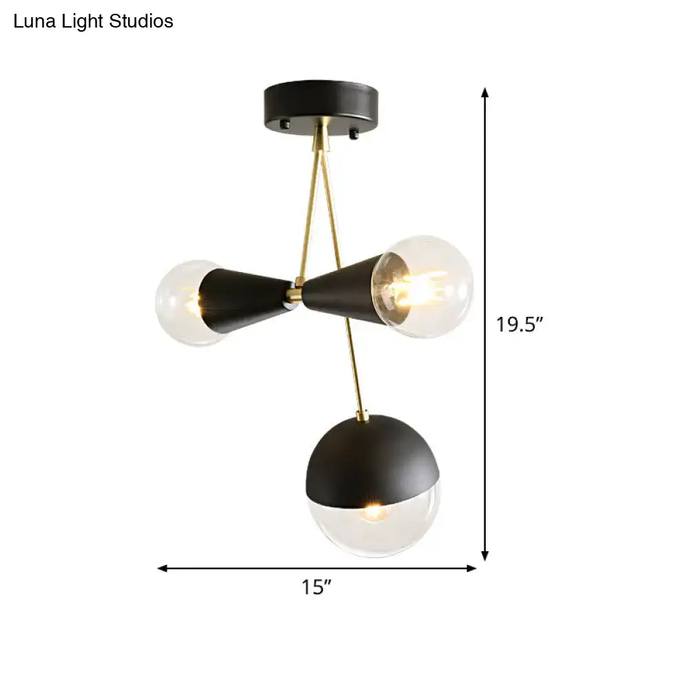 DecorBites™ contemporary black and brass hourglass semi flush mount ceiling light with three clear glass shades