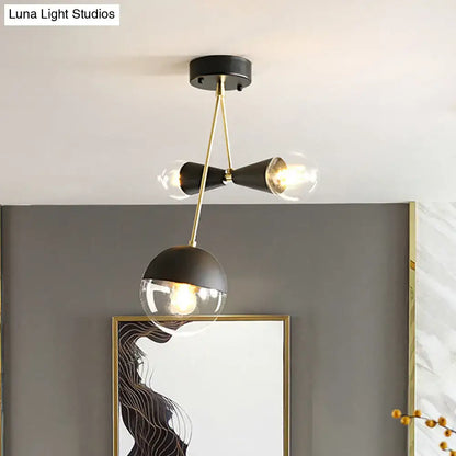 DecorBites contemporary black and brass hourglass semi flush mount ceiling light with three clear glass bulbs