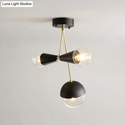DecorBites™ contemporary black ball and hourglass semi flush mount ceiling light with three bulbs and clear glass shades