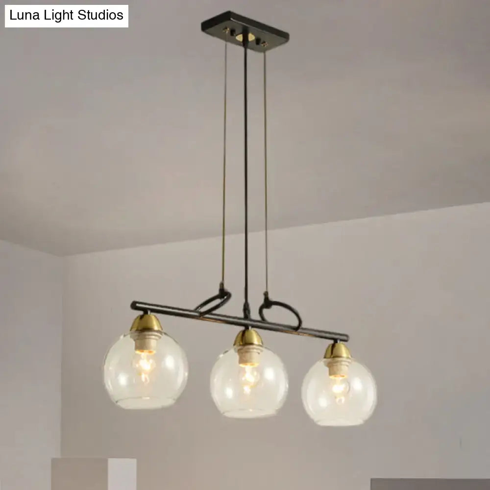 Decorbites™ contemporary black hanging chandelier with clear prismatic glass globes and brass fixtures for dining hall
