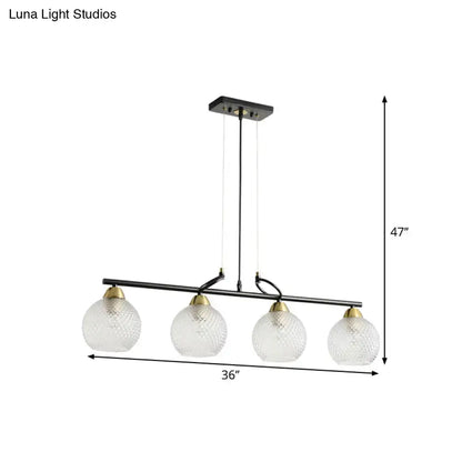 Decorbites contemporary black metal bar pendant light with four clear prismatic glass globes and brass accents for dining hall