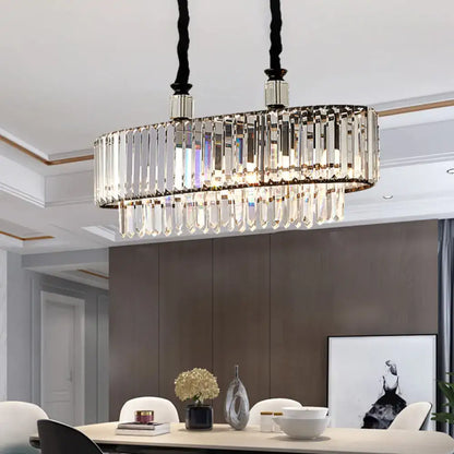 A contemporary black decorbites hanging dining room island lamp with clear crystal prisms and e12 e14 bulbs