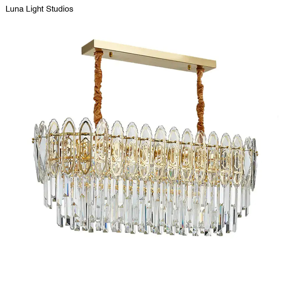 Elegant gold-toned decorbites contemporary clear crystal kitchen hanging light with cascading prisms and braided rope suspension