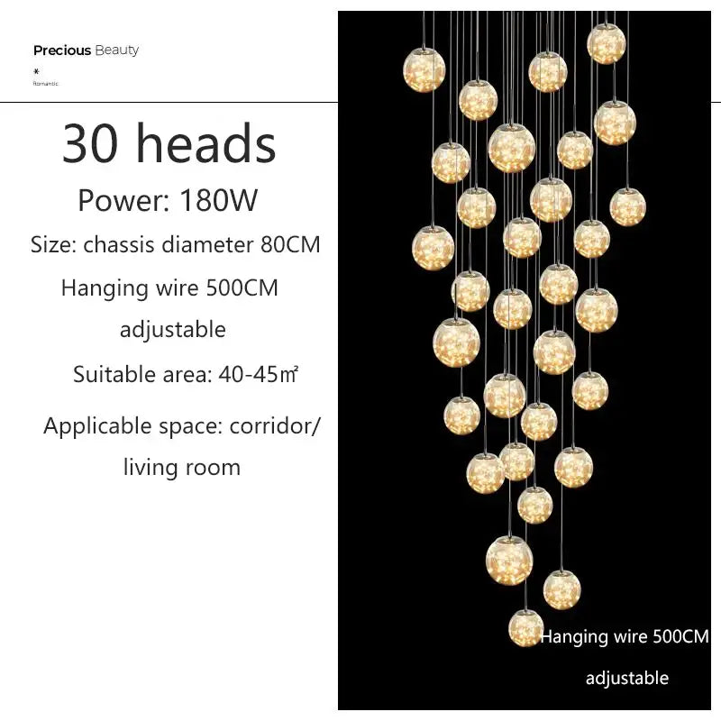 DecorBites™ warm-toned glass globe chandelier with 30 heads and adjustable wire perfect for modern spiral dining room