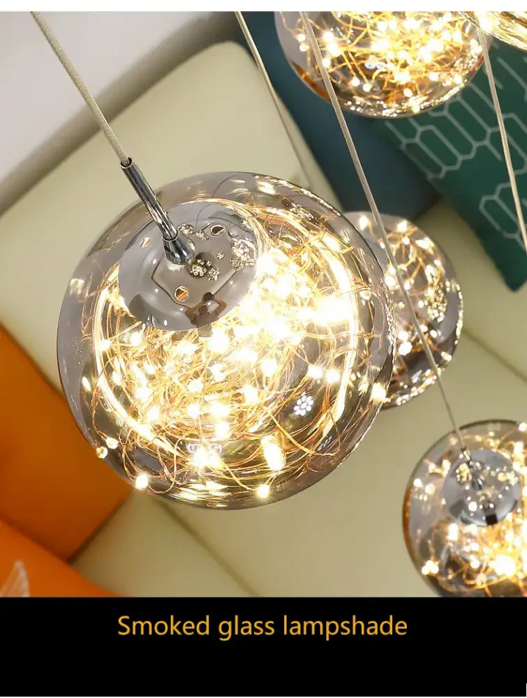 Decorbites™ contemporary crystal ball chandelier with spherical smoked glass lampshade and modern spiral wireframe lighting for dining room