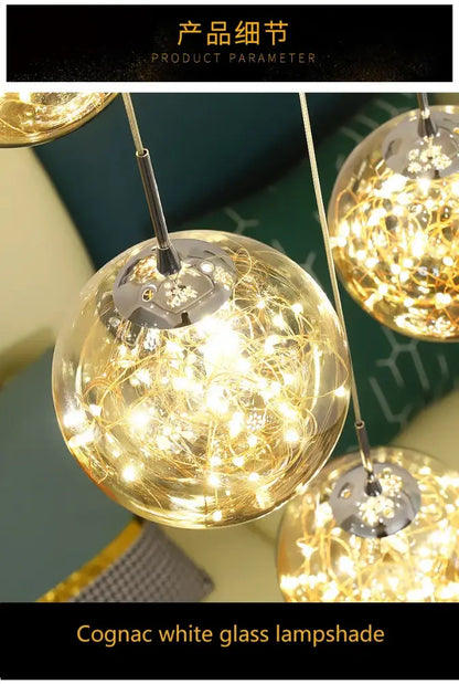 Decorbites™ contemporary crystal ball chandelier with cognac white glass lampshade and intricate internal led string lights for modern spiral dining room lighting