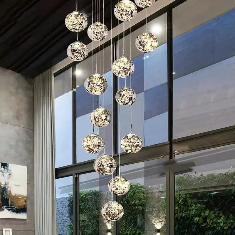 DecorBites™ contemporary crystal ball chandelier with metallic patterned glass orbs for modern spiral dining room lighting