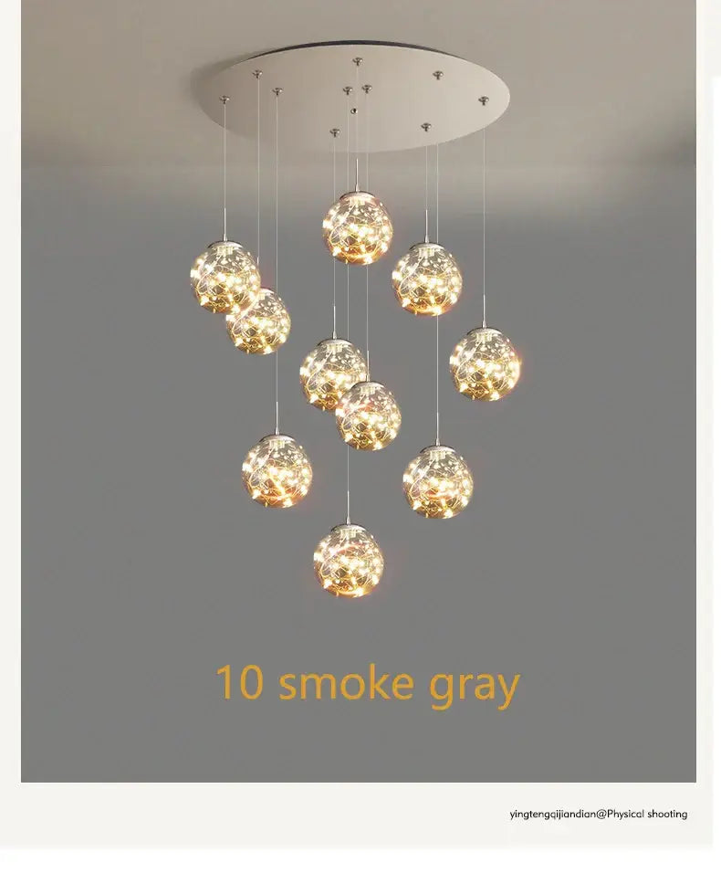 DecorBites™ contemporary crystal ball chandelier with ten smoke gray glass globes perfect for modern spiral dining room
