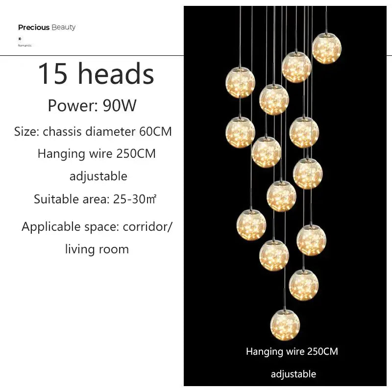 DecorBites contemporary crystal ball chandelier with 15 warm glowing bulbs on adjustable chrome wires for dining room modern spiral lighting
