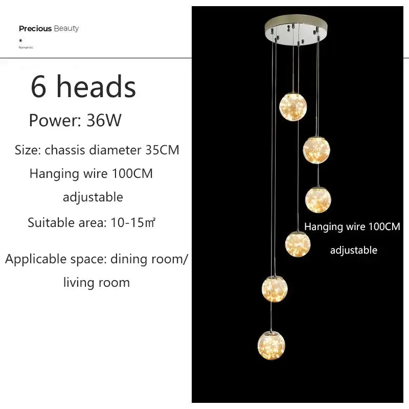 DecorBites™ six-head modern spiral pendant light with crystal ball glass globes and chrome wires for dining room use