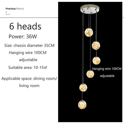 DecorBites™ six-head modern spiral pendant light with crystal ball glass globes and chrome wires for dining room use
