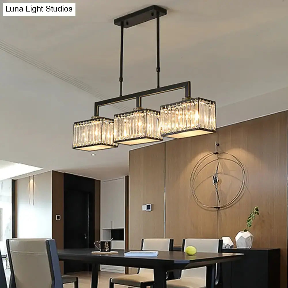 Decorbites™ contemporary black metal chandelier with three crystal-encrusted rectangular light fixtures for dining hall or island light fixture