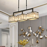 DecorBites™ contemporary black metal light fixture with three illuminated crystal panels for dining hall island light fixture