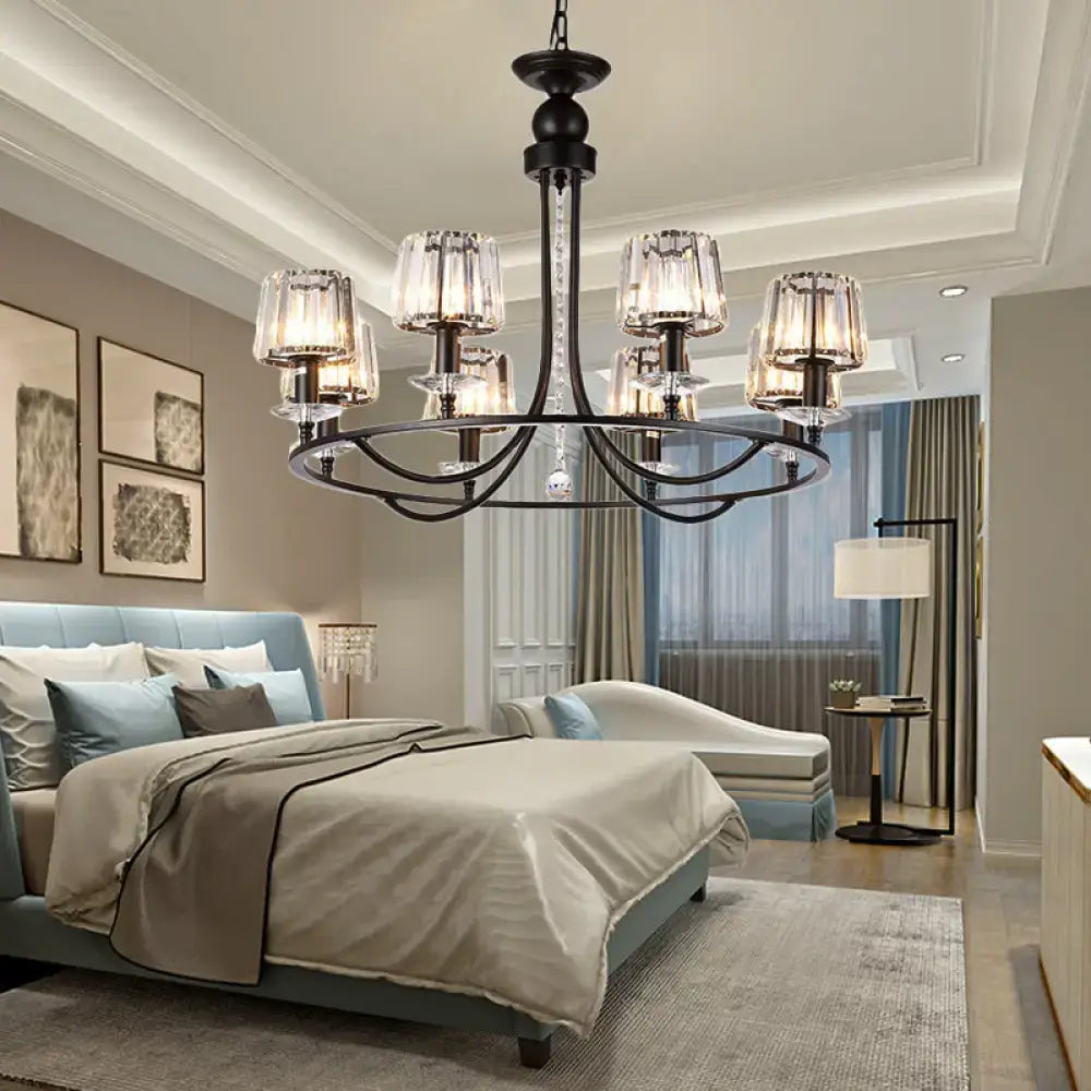 DecorBites™ contemporary crystal suspension chandelier in black wrought iron with clear glass shades for bedroom lighting