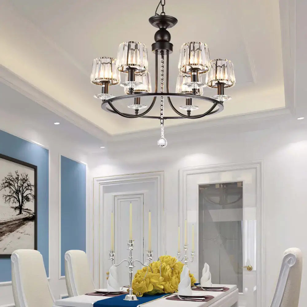 Black wrought iron DecorBites™ contemporary crystal chandelier with clear glass shades and crystal pendant lights circle hanging