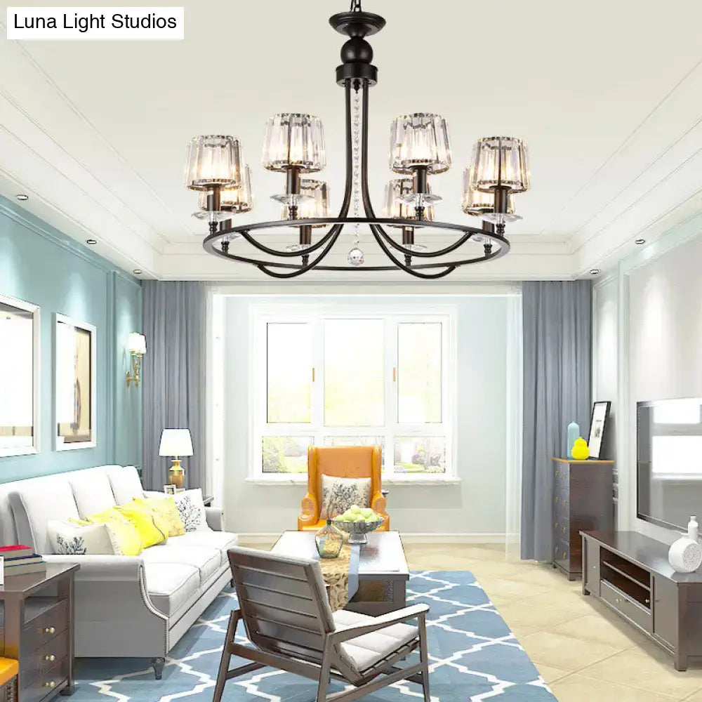 Black wrought iron contemporary crystal chandelier with clear glass shades lights circle hanging for bedroom