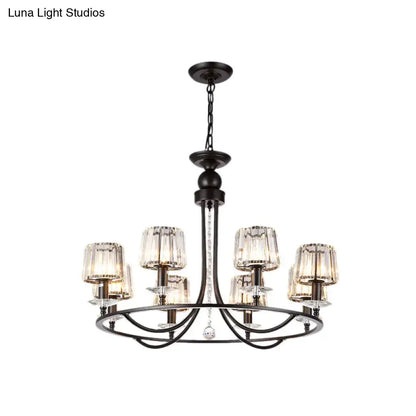 Black wrought iron DecorBites™ contemporary crystal suspension chandelier with crystal glass shades and dangling crystal centerpiece